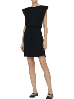 Robe courte en coton biologique noir uni avec une coupe droite et un col rond