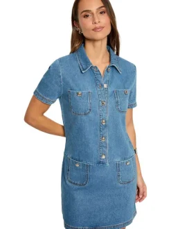 Robe courte en coton bleue à coupe droite pourvue d'un col chemise