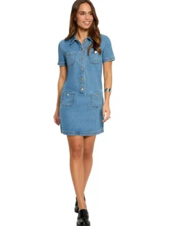 Robe courte en coton bleue à coupe droite pourvue d'un col chemise