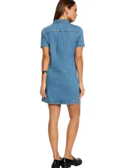 Robe courte en coton bleue à coupe droite pourvue d'un col chemise