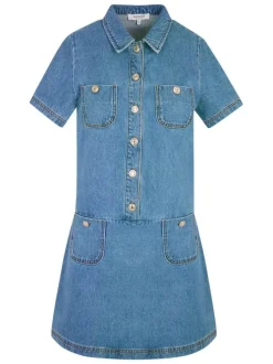 Robe courte en coton bleue à coupe droite pourvue d'un col chemise