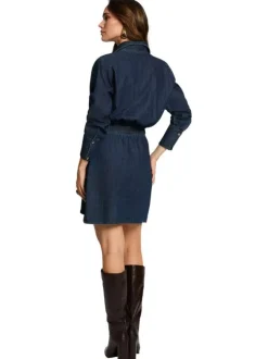 Robe courte en coton bleue pourvue d'un col à revers et de manches longues
