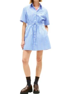 Robe courte en coton bleue à rayures avec une coupe cintrée et un col à revers