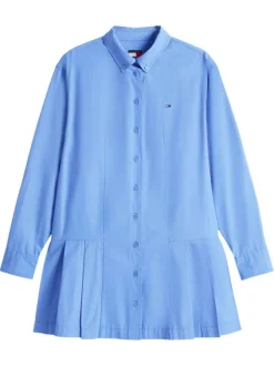 Robe courte en coton bleue unie avec une coupe trapèze et un col à revers