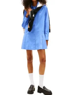 Robe courte en coton bleue unie avec une coupe trapèze et un col à revers