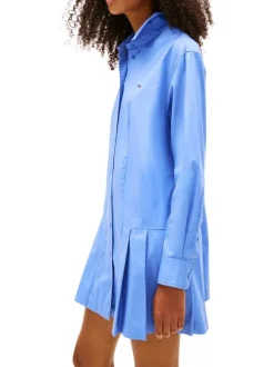 Robe courte en coton bleue unie avec une coupe trapèze et un col à revers