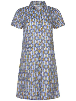 Robe courte en coton bleu imprimée avec une fermeture boutonnée
