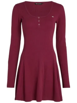 Robe courte en coton bordeaux côtelée à coupe patineuse et à col rond boutonné
