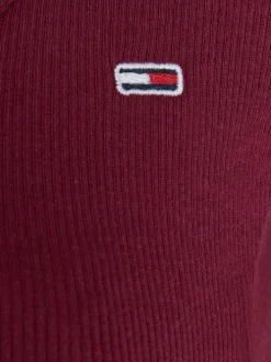 Robe courte en coton bordeaux côtelée à coupe patineuse et à col rond boutonné