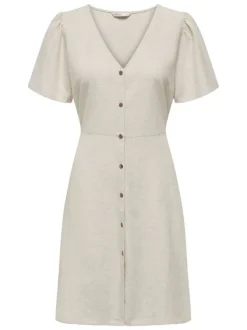 Robe courte en coton écrue unie avec une coupe fluide et un col v