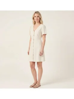 Robe courte en coton écrue unie avec une coupe fluide et un col v