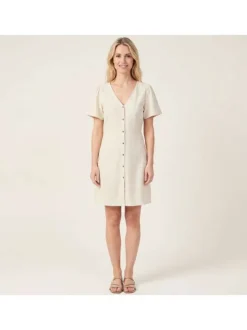 Robe courte en coton écrue unie avec une coupe fluide et un col v