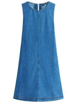 Robe courte en coton indigo unie avec une coupe trapèze et un col rond