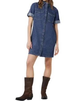 Robe courte en coton jean unie avec une coupe droite et un col français