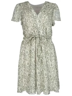 Robe courte en coton kaki imprimée avec une coupe droite et un col v