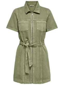 Robe courte en coton kaki unie pourvue d'une coupe cintrée et d'un col chemise
