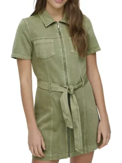 Robe courte en coton kaki unie pourvue d'une coupe cintrée et d'un col chemise