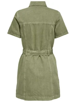 Robe courte en coton kaki unie pourvue d'une coupe cintrée et d'un col chemise