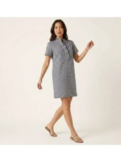 Robe courte en coton marine imprimée pourvue d'une coupe droite