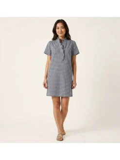 Robe courte en coton marine imprimée pourvue d'une coupe droite