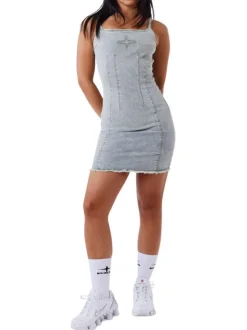 Robe courte en coton mélangé bleu jean uni avec une coupe moulante