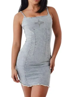 Robe courte en coton mélangé bleu jean uni avec une coupe moulante