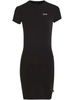 Robe courte en coton mélangé noire coupe près du corps et col rond