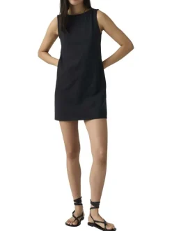 Robe courte en coton mélangé noire uni avec une coupe droite et un col rond