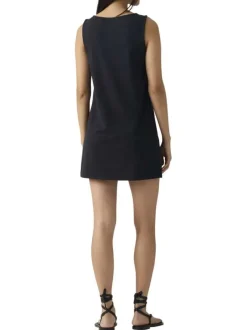Robe courte en coton mélangé noire uni avec une coupe droite et un col rond