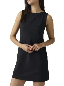 Robe courte en coton mélangé noire uni avec une coupe droite et un col rond