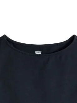 Robe courte en coton mélangé noire uni avec une coupe droite et un col rond