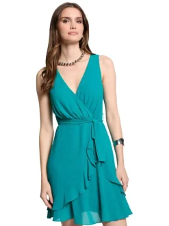 Robe courte en coton mélangé turquoise unie à coupe cintrée, col v et volants