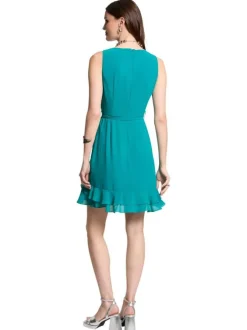 Robe courte en coton mélangé turquoise unie à coupe cintrée, col v et volants