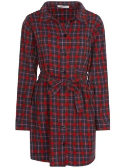 Robe courte en coton multicolore carreaux col italien et à manches longues