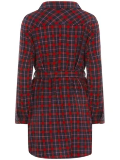 Robe courte en coton multicolore carreaux col italien et à manches longues