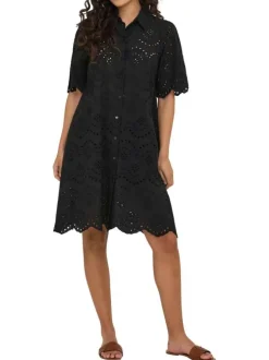 Robe courte en coton noire unie pourvue de broderie anglaise