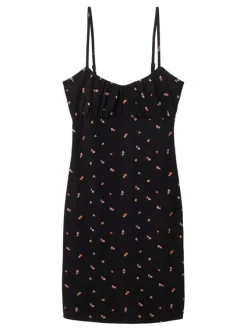 Robe courte en coton noir fleurie avec une coupe droite et un col v