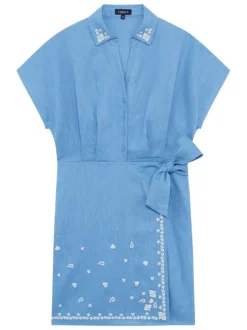 Robe courte en lin bleue à coupe droite pourvue d'un col à revers en v