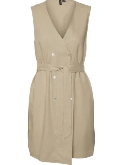 Robe courte en lin (en partie) beige unie avec une coupe droite et un col v