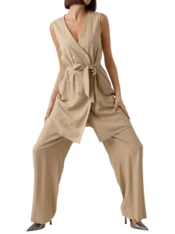 Robe courte en lin (en partie) beige unie avec une coupe droite et un col v