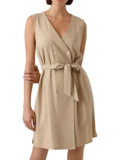 Robe courte en lin (en partie) beige unie avec une coupe droite et un col v