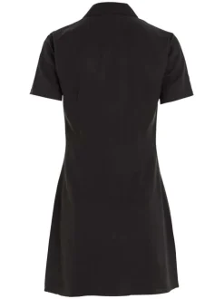 Robe courte en lin mélangé noire unie avec une coupe ajustée et un col italien