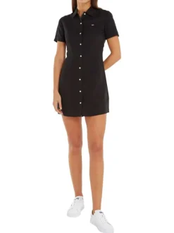 Robe courte en lin mélangé noire unie avec une coupe ajustée et un col italien