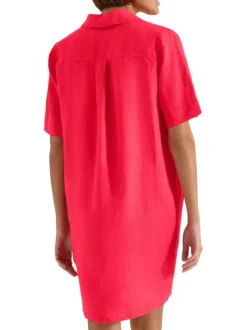 Robe courte en lin rouge unie pourvue de manches courtes et d'un col polo