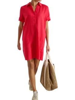 Robe courte en lin rouge unie pourvue de manches courtes et d'un col polo