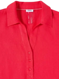 Robe courte en lin rouge unie pourvue de manches courtes et d'un col polo