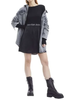 Robe courte en partie en coton stretch noir à manches longues et jupe aspect velours