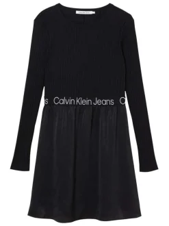 Robe courte en partie en coton stretch noir à manches longues et jupe aspect velours