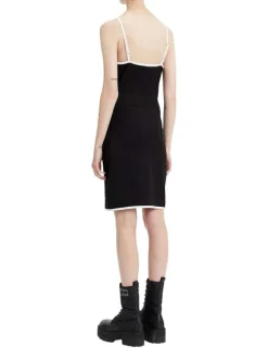 Robe courte en viscose durable noire unie à bretelles et contours blancs
