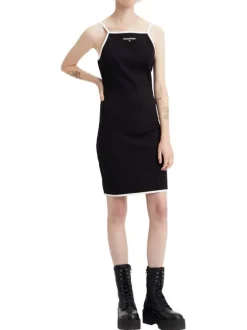 Robe courte en viscose durable noire unie à bretelles et contours blancs